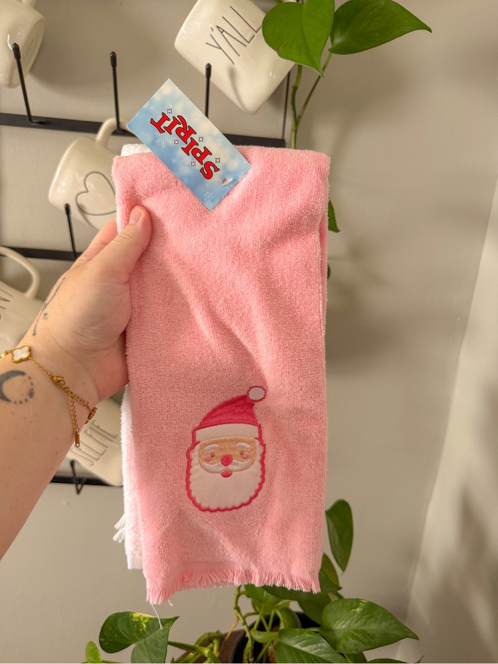 New 2pc Pink & White Cotton Tea Towels Embroidered Santa Christmas Spirit